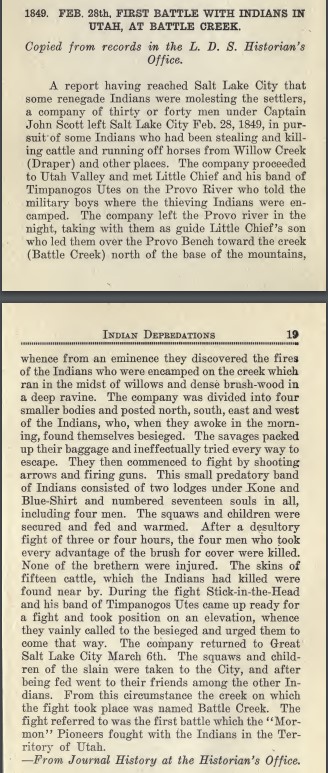 First Battle with Indians in Utah, at Battle Creek. Feb 28 1849