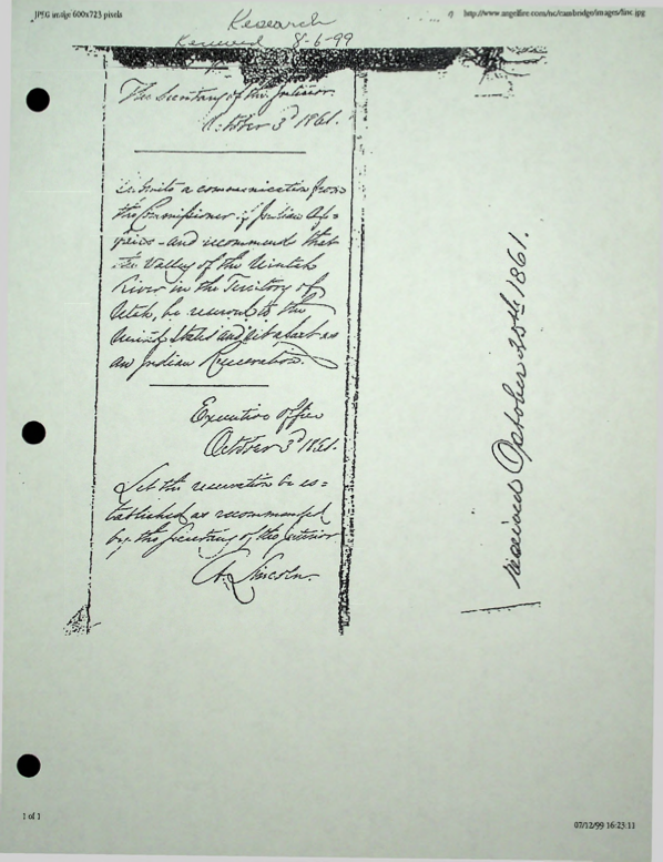 Secretary of the Interior Letter 1861